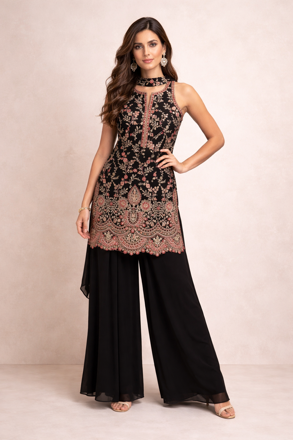Black Embroidered Georgette Kurta Palazzo Set with Dupatta for Women